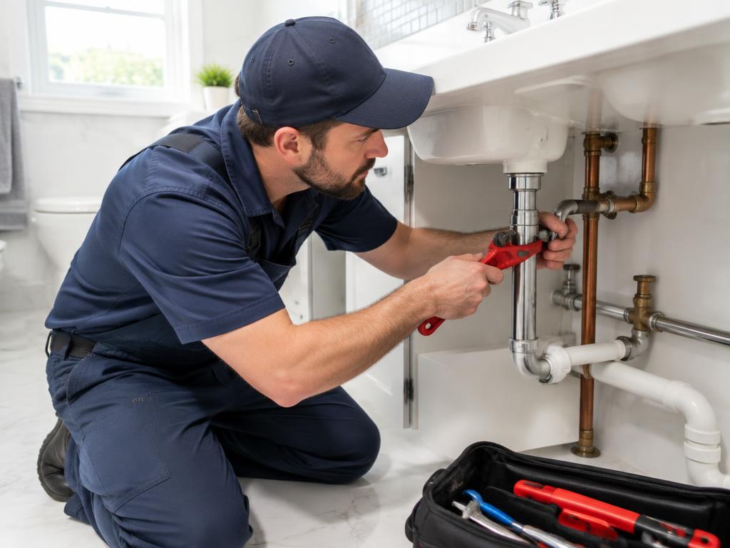 Plumber fixing pipes under a basin